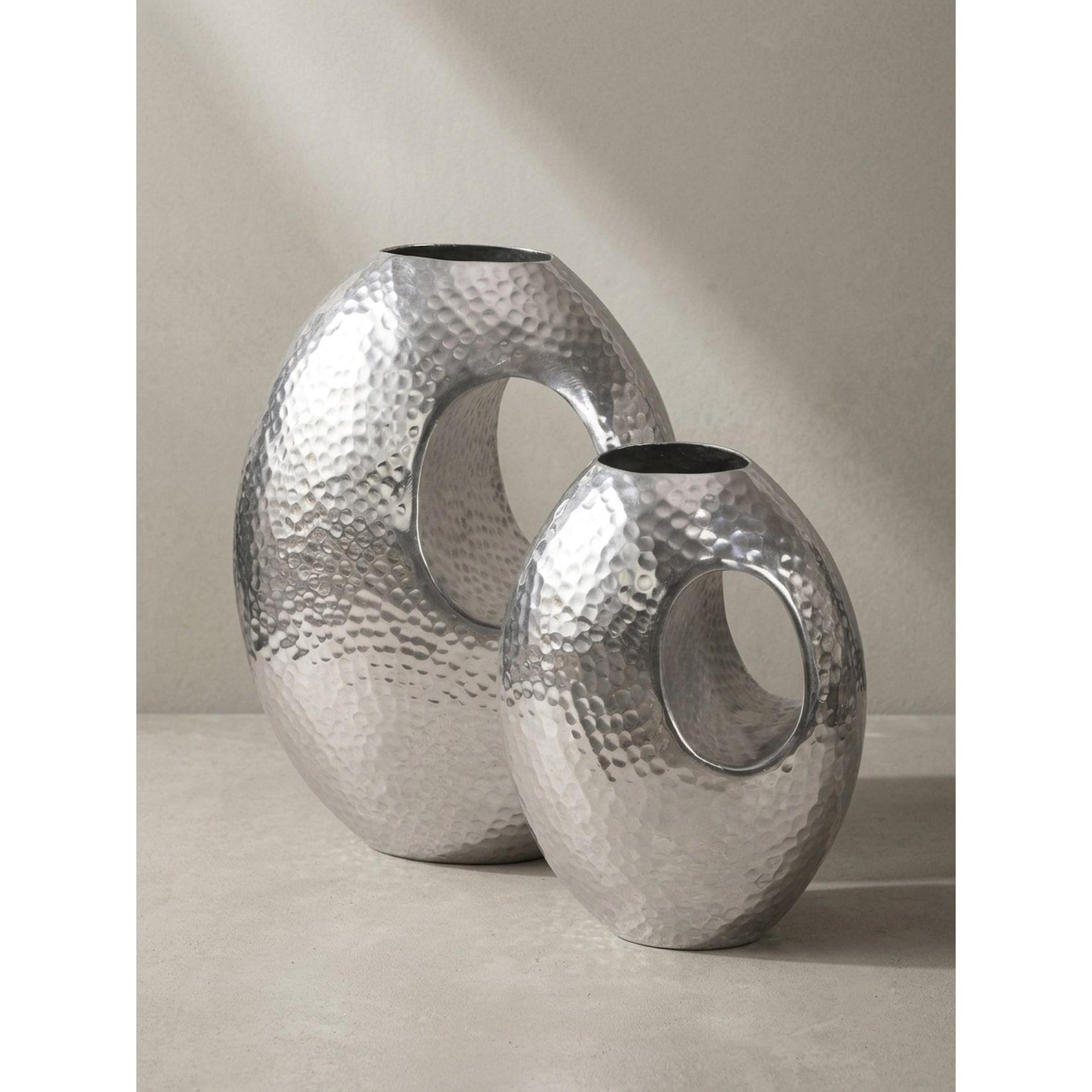 Vase 2er Set Aluminium mit Tragegriff Hammerschlag Modern Handgefertigt, Silbern 29x17x39 cm