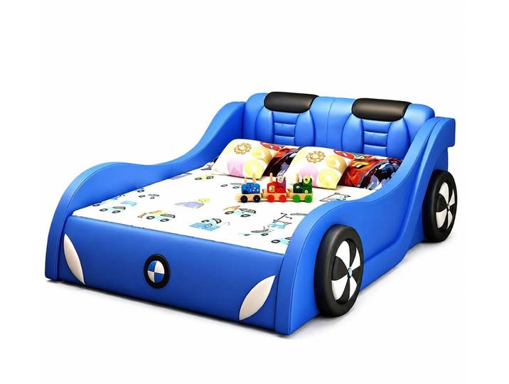 Xlmoebel Autobett Blaues Kinderbett im Auto-Design mit LED-Beleuchtung und Rädern, Made in Europa