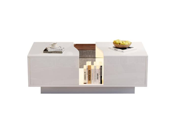 Redom Couchtisch 100/50/35 cm mit LED-Beleuchtung, 2 Schubladen und Acrylplatte aus Mdf, Weiß, 50x35x100 cm, Wohnzimmer, Wohnzimmertische, Couchtische