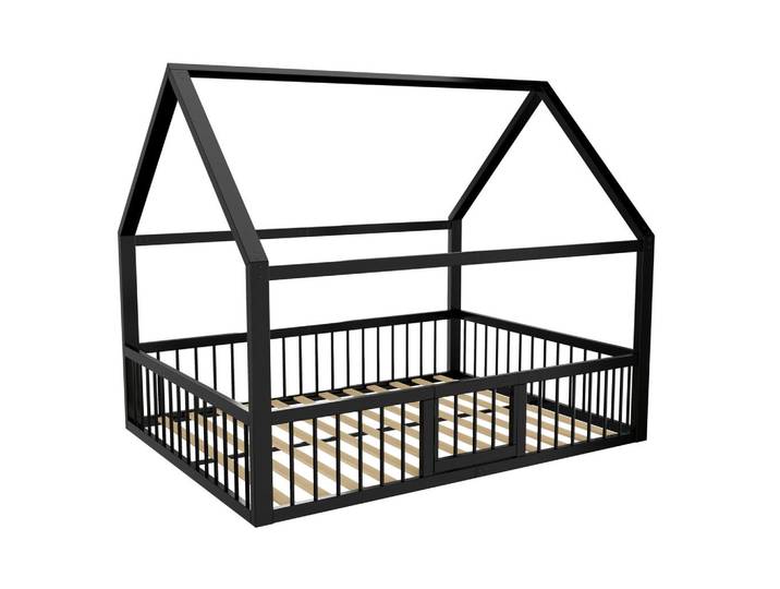 Oxeza Hausbett 140/200 cm Schwarz mit Brüstung, Metall, Mode, Rechteckig, 140x200 cm, Babymöbel & Kindermöbel, Kinderzimmer & Jugendzimmer, Kinderbetten, Spielbetten
