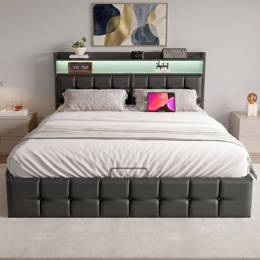 Metro Solid Wood and Iron Lift Up Storage Bed Frame Black Double (4'6)