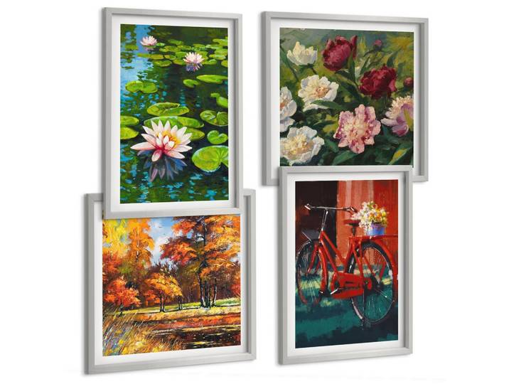 BILDER SET 4er Set - 50x50 cm & 40x60 cm Silberner Rahmen - Herbstfarben Seerosenteich
