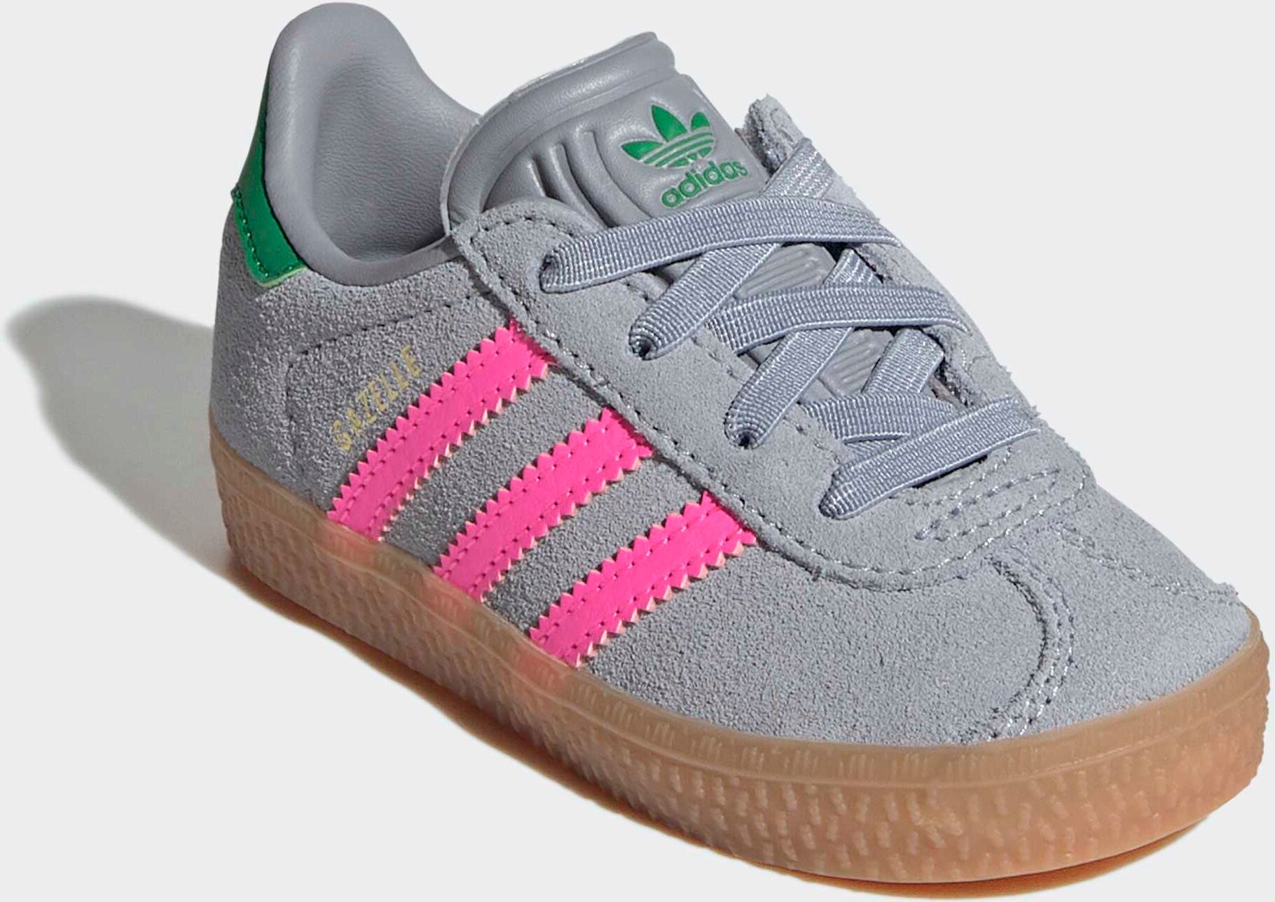 Sneaker ADIDAS ORIGINALS "GAZELLE COMFORT CLOSURE ELASTIC LACES KIDS", Kinder, Gr. 23, grau (halo silber, lucid pink, grün), Leder, Synthetik, Schuhe Sneaker, für Kinder halo silber, lucid pink, grün 23