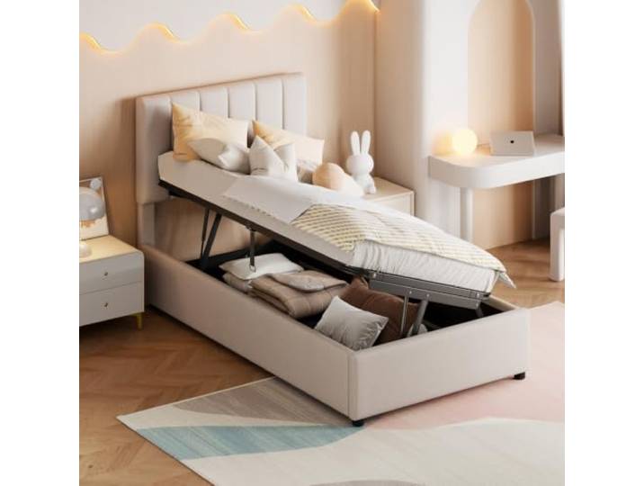 Ropilly Kinderbett Polsterbett hydraulisches Stauraumbett hautfreundliches Leinen für modernes Schlafzimmer und Jugendzimmer
