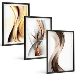 BILDER SET 3er Set - 40x60 cm Schwarzer Rahmen - Gelbgrau-braune Wellen