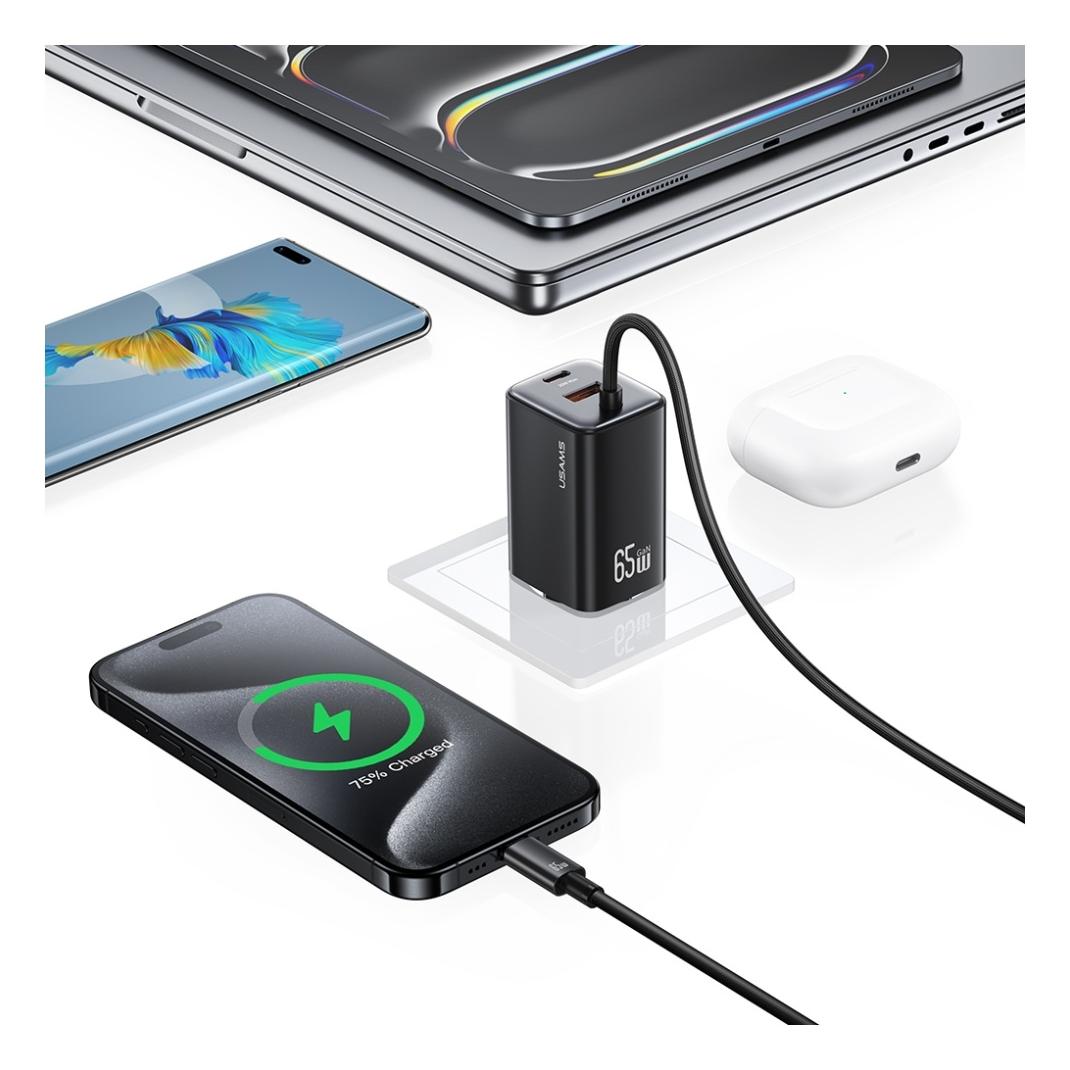 Usams Ładowarka sieciowa JC Series CC266 65W GaN Fast Charger 2xUSB-C 1xUSB-A czarny (65 W, 3 Ports) (CC266TC01)