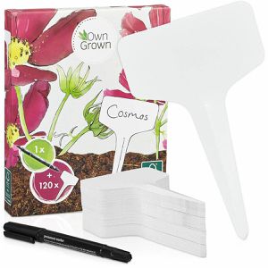 OwnGrown Pflanzenschilder Stecketiketten-Set Schilder weiß, Kunststoff, zum Beschriften, 10 x 6 cm, 120 Stück & 1 Marker