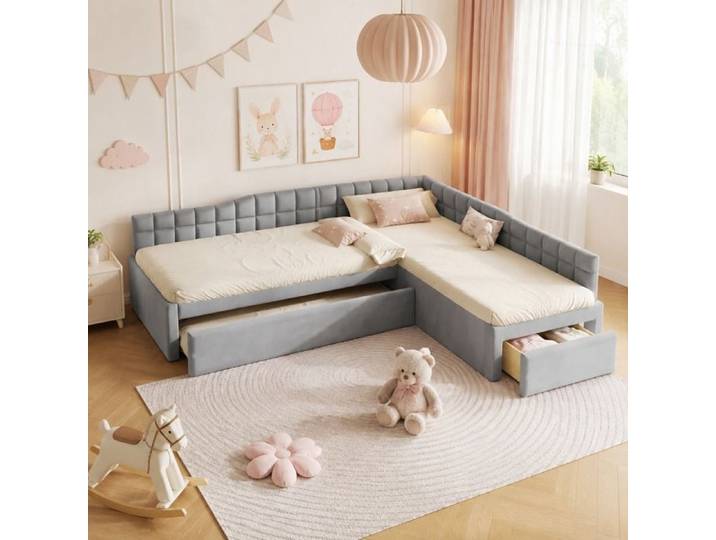 Lit combiné en L 90x200 cm avec lit gigogne 2 tiroirs rembourré flanelle gris chambre enfant ORVRYN