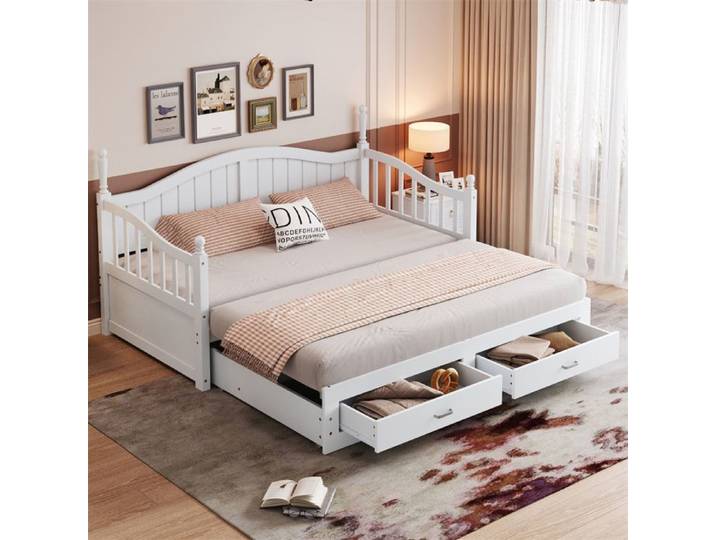 DRIPEX Canapé-lit convertible en bois massif 90/180*190cm Lit maison avec colonnes romaines et tiroirs barrières incurvés Blanc
