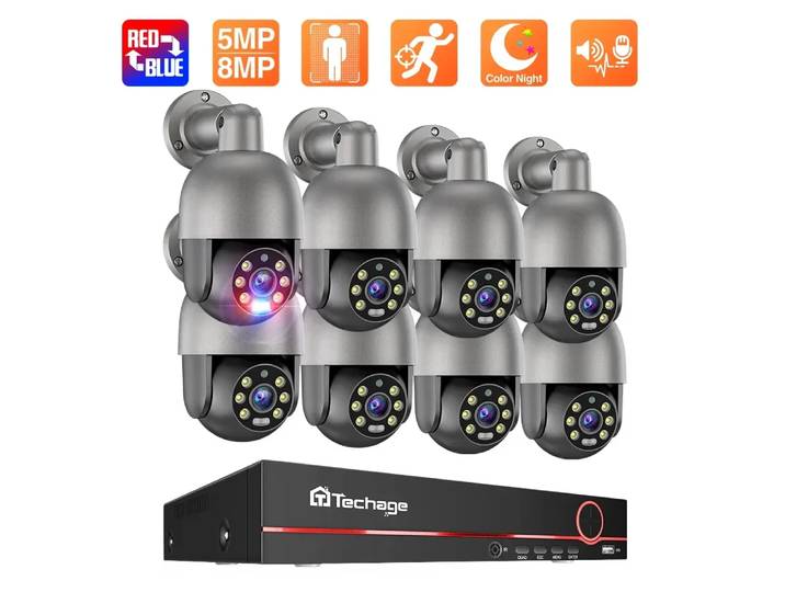 Techage HD 5MP 8MP POE système de caméra de sécurité intelligente PTZ extérieur Ultra H.265 8CH système de vidéosurveillance Kit de Surveillance nocturne polychrome
