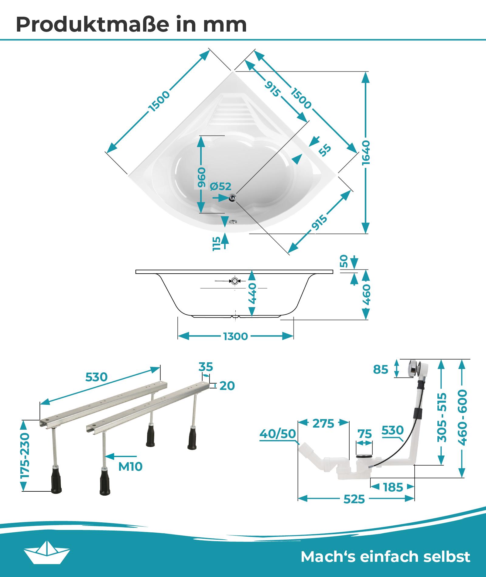 Calmwaters Eckbadewanne Komplettset 150x150 cm Curved Wellness, EU, 4in1 Acryl-Wanne mit Schürze, Wannenfüßen & Ablaufgarnitur, Duowanne mit integriertem Sitz, Eckwanne 150 x 150, Weiß