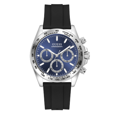 Chronograph GUESS "ARTHUR", schwarz (schwarz, blau, blau), Armbanduhren, Herren, silberfarben, Chronograph, Quarzuhr, Armbanduhr, Herrenuhr, Silikonarmband, analog, Tag