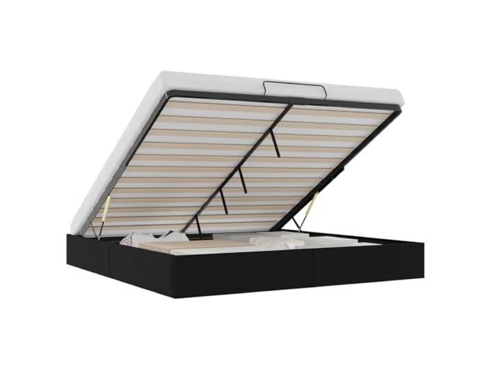 PUGYNBK Ottoman-Bettgestell, Schwarz, Kingsize-Bett Gasheber, geräumige Aufbewahrung, Metall und Holz, Hebegriff