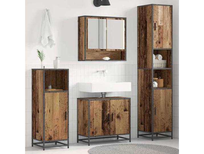 YUTAASU Badezimmermöbel-Set 3 STK. Altholz Holzwerkstoff Wandmontiert, Feuchtigkeitsbeständig, Spiegel Schrank Inklusive, Stangengriffe