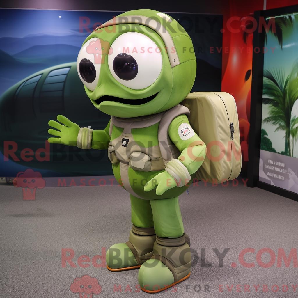 Maskottchen REDBROKOLY eines olivgrünen Astronauten mit Tanktop und Aktentasche