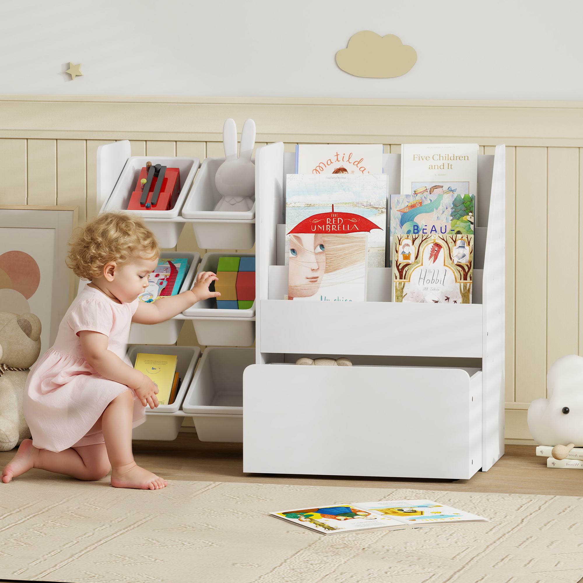 Aiyaplay Mobile Contenitore per Bambini, Contenitore Giocattoli per Bambini con 6 Cassettini Rimovibili e Grande Box su Ruote, 100x30x80 cm, Bianco   Aosom Italy