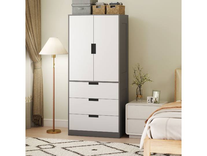 HOMCOM Armoire 2 Portes 3 Tiroirs Barre Suspension Gris/Blanc