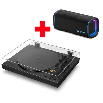 SONY Plattenspieler "PS-LX5BT Plattenspieler + Field 5 Bluetooth-Lautsprecher", schwarz, B:43cm H:11,7cm T:36,6cm, Plattenspieler, Vollautomatik, Riemenantrieb, Tonabnehmer, Hi Res Wi, Phono Vorv.