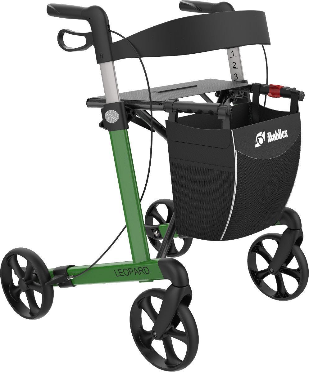 FabaCare Rollator Leopard mit Einhandbremse links rechts, Leichtgewichtrollator, faltbar, mit Vollausstattung, bis 150 kg, Grün