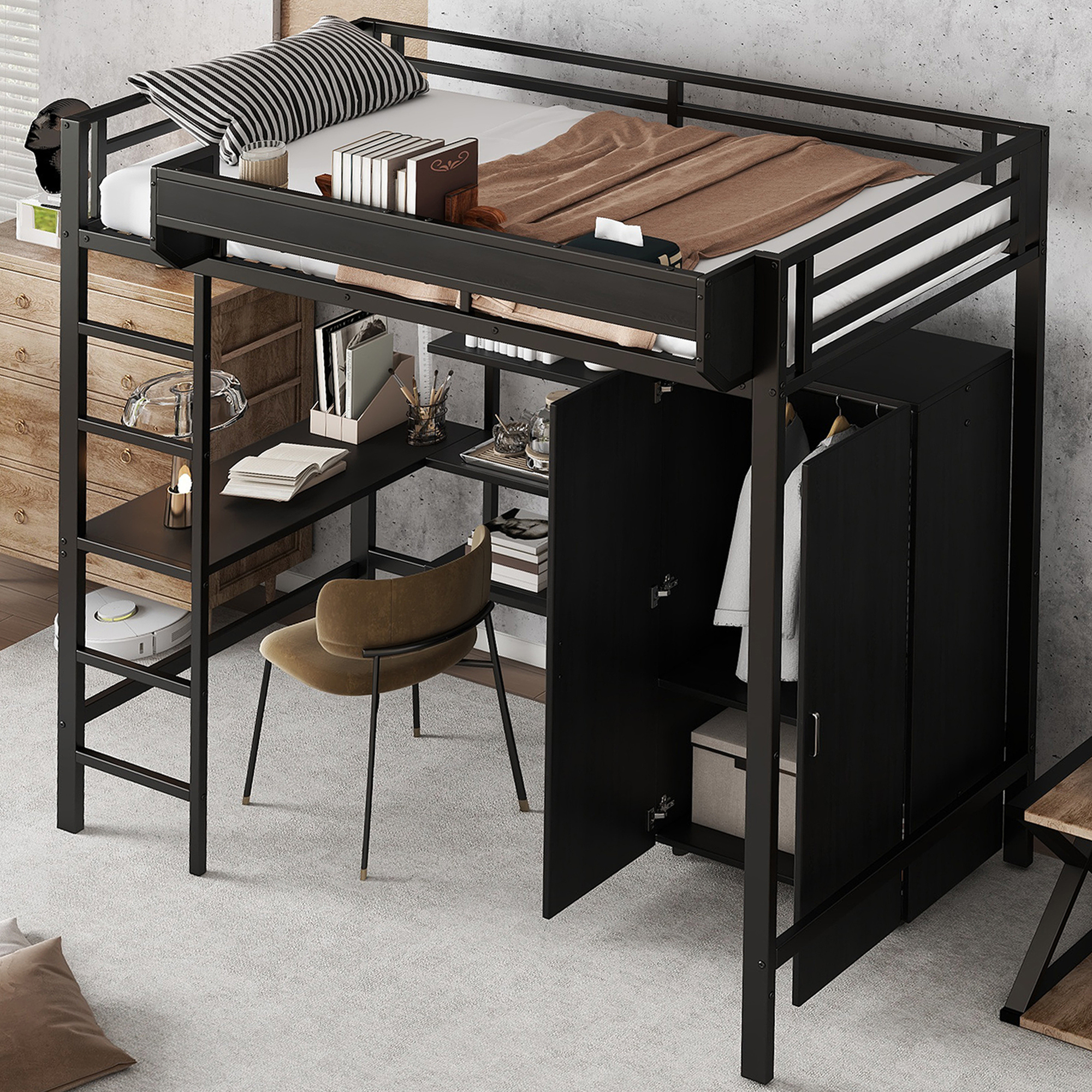 Etagenbett Kinder 90x200 Schwarz - mit Schreibtisch, Kleiderschrank & Regalen, 5-stufige Leiter, stabil, modern & platzsparend