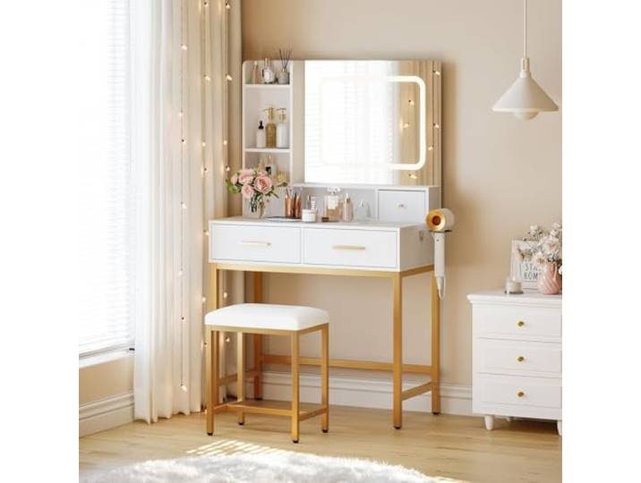 Thaookte Schminktisch Mit Beleuchtung Kosmetiktisch Mit Spiegel Und Hocker Dressing Table mit Ladestation 4 Schubladen Dimmbarem LED-Spiegel 3 Lichtfarben, 80x40x135cm