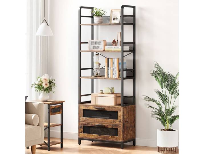 Garvee Bibliothèque Industrielle 4 Niveaux avec Tiroirs Étagère de Rangement en Bois et Métal Meuble Vintage pour Salon et Bureau