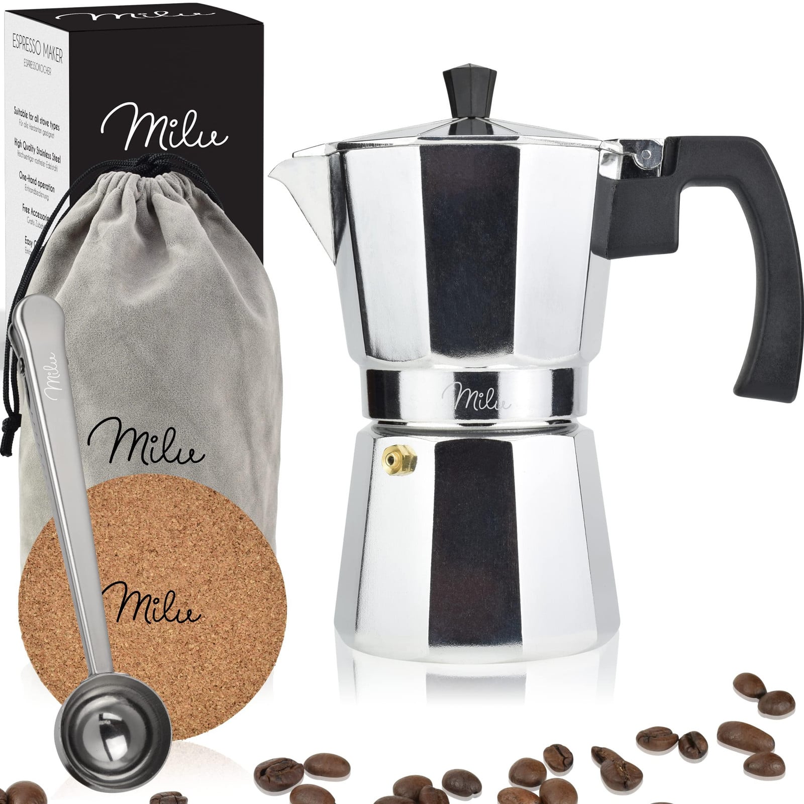 Dripio Espressokoker voor 9 kopjes, aluminium Moka-pot inclusief accessoires