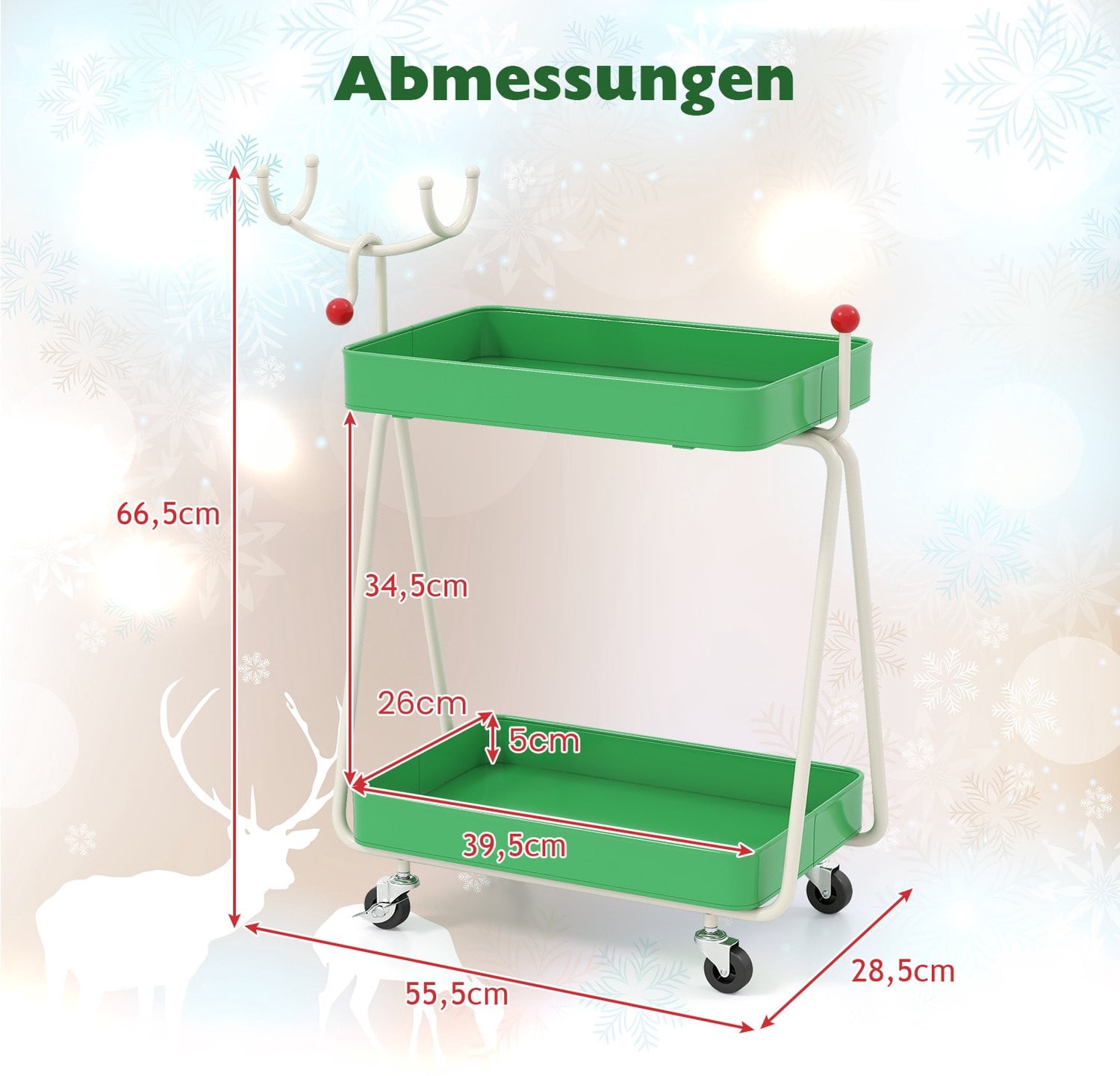 Costway Verrijdbare Keukentrolley in Rendiervorm met 2 Niveaus, Groen, B/D/H: 55,5 x 28,5 x 66,5 cm
