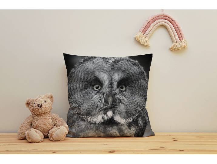 Dekokissen QUEENCE Eulengesicht , schwarz (schwarz, bedruckt), B:40cm H:1cm L:40cm, Polyester, Dekokissen_Sitzkissen_Kissenhüllen, Dekokissen, Kissenhülle mit HD Premium Druck, geruchsneutral, 40x40cm