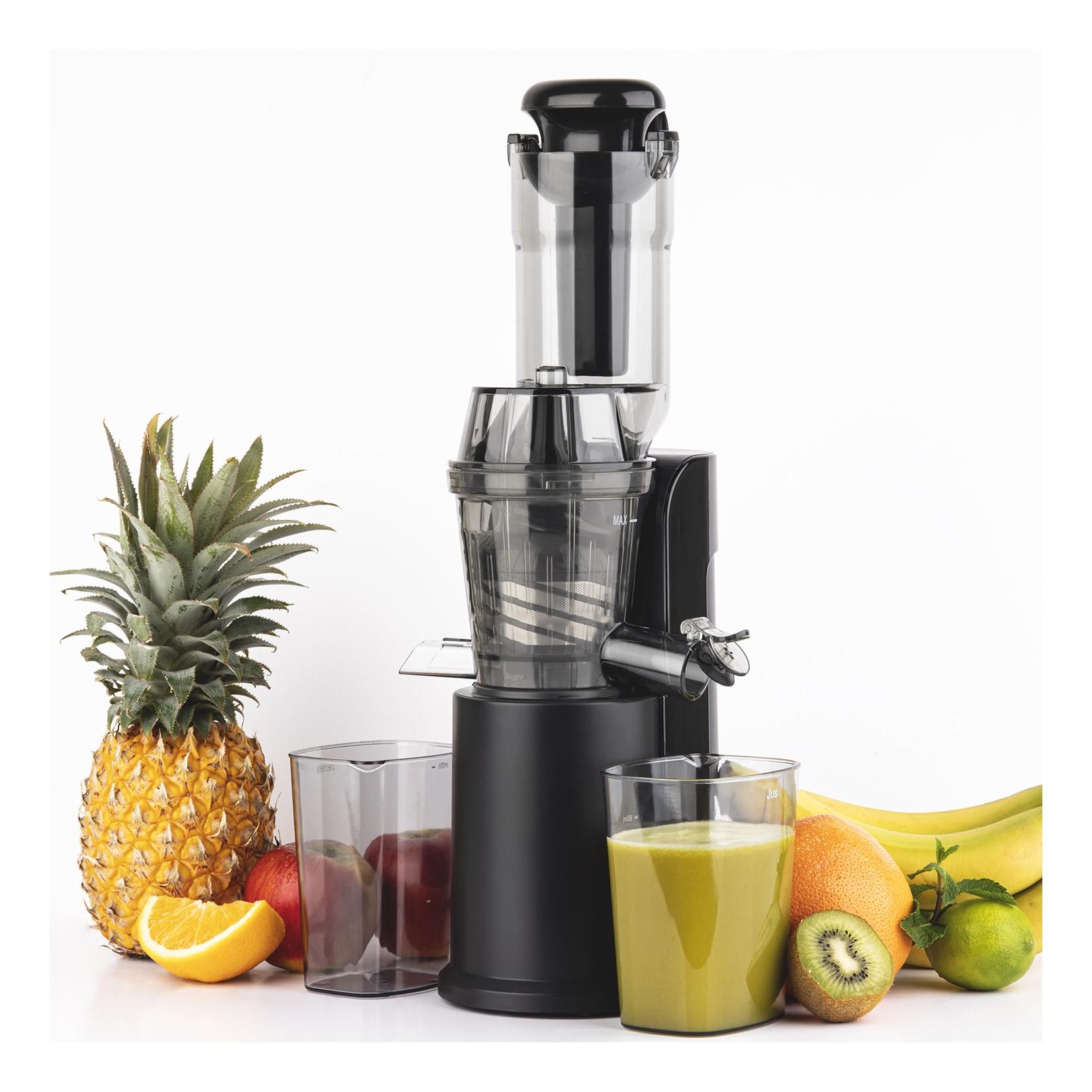 H.Koenig Vertikale Kompakt-Saftpresse GSX16 / 0,8 L / Edelstahl / BPA-frei / sanfter Druck / langsame Rotation / geräuschlos / 250 W