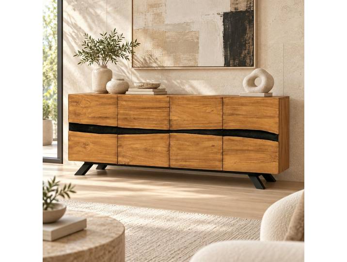 Buffet moderne bois recyclé teck laque noire 200 cm BARBADE