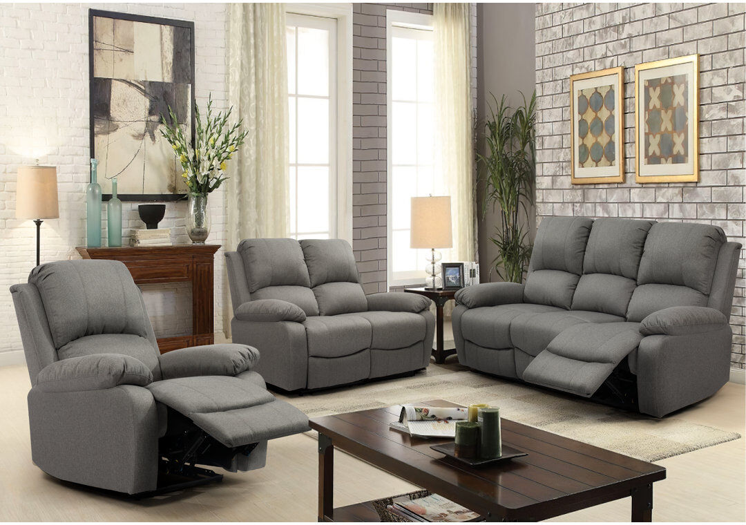 Ebern Designs Matevia 3 Piece Linen Reclining Living Room Set Light Grey 3