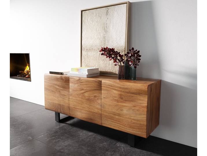 Buffet New Live Edge 145 cm acacia naturel 3 portes patin métal noir