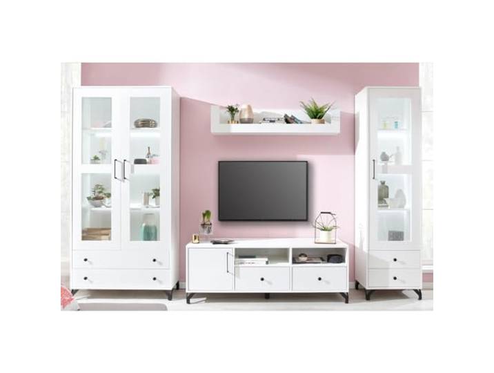 Lomadox Wohnwand Anbauwand TV-Wand weiß Glanz mit Beleuchtung modern Vitrinenschrank Lowboard Wandboard Vitrine