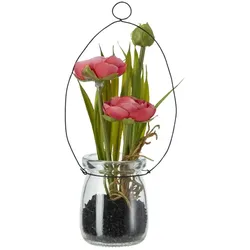 Ranunkel in Glasvase   , rot , Glas,Kunststoff,Sand,Eisendraht , Maße (cm): H: 22  Ø: 6