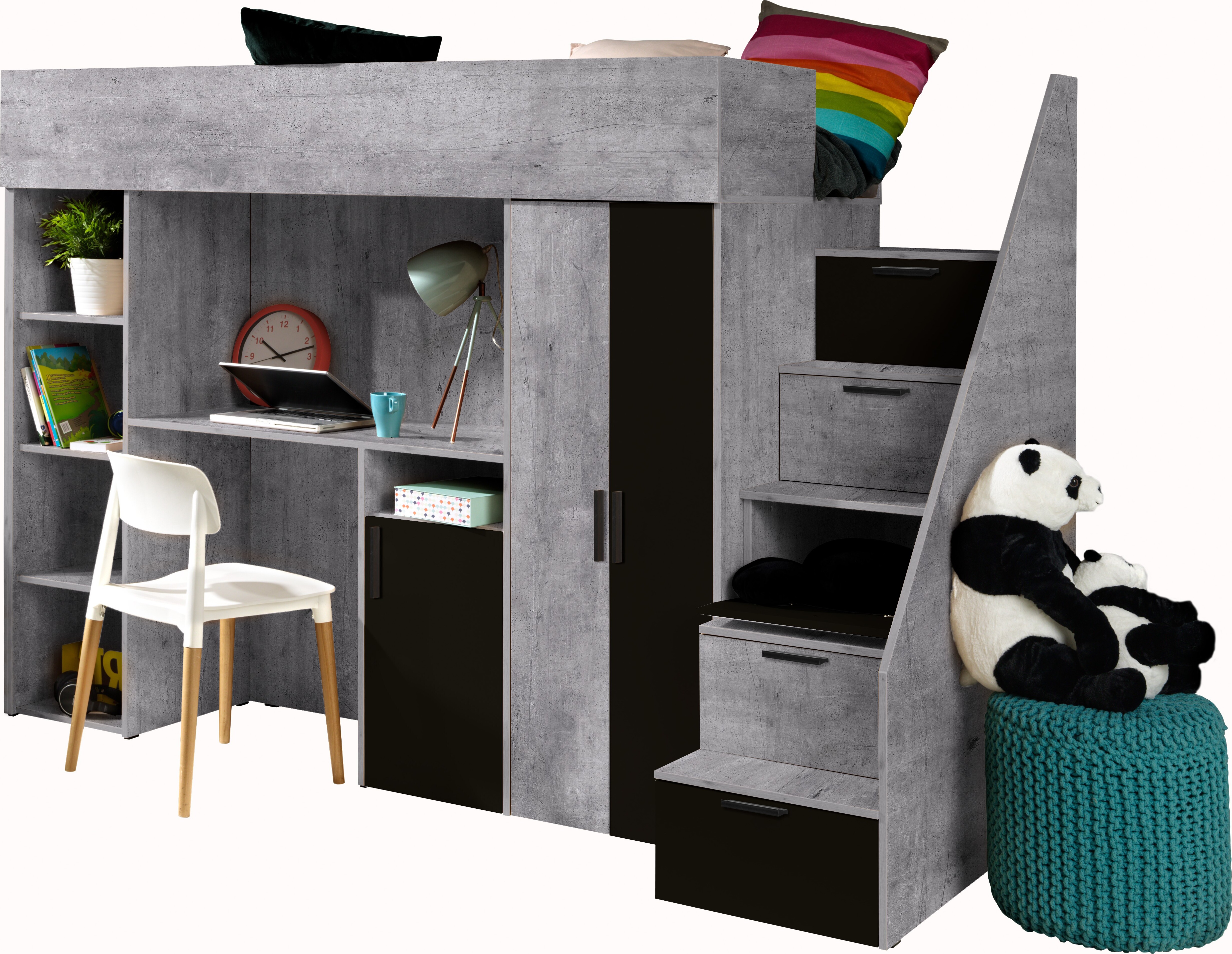 Etagenbett für Kinder Konkret 14 Stockbett mit Treppe, Kleiderschrank und Schreibtisch (Beton + Schwarz)