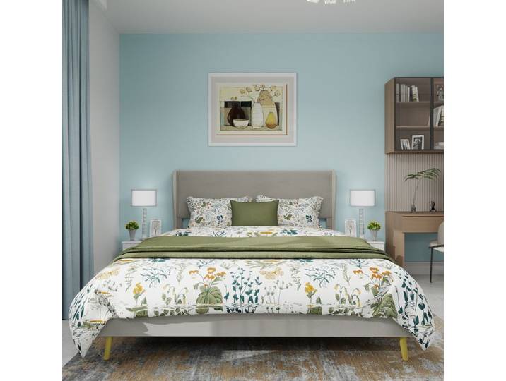 Lit double - Moderne - 140x200 cm - Beige - Tête de lit en velours - Installation facile