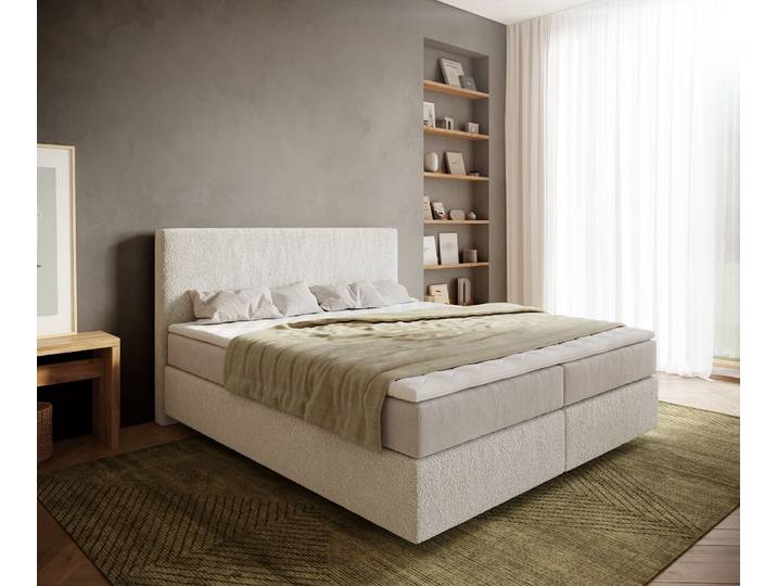 Boxspringbett Dream-Well 180x200 cm Bouclé Creme-Weiß mit Taschenfederkernmatratze und Topper Visco, Boxspringbetten