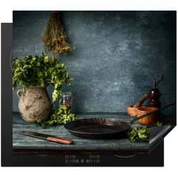 HERDABDECKPLATTE Kräuter - Gewürze - Pfanne - Messer - Grau - Rustikal Glaskeramikkochfeldabdeckung 59x52 cm