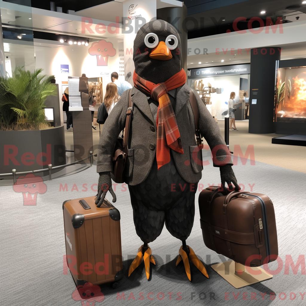 Maskottchenfigur REDBROKOLY einer rostroten Amsel bekleidet mit Strickjacke und Aktentasche