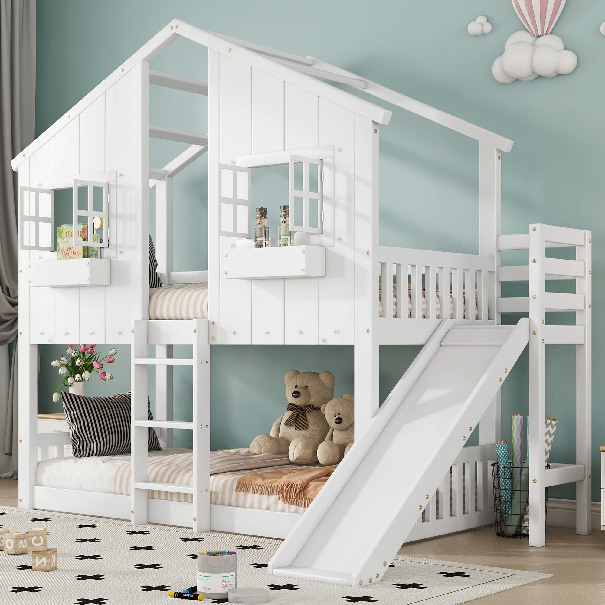 STILVORA Etagenbett 90x200 mit Kinderrutsche,Kinderbett mit Dach&Fenster,Bettgestell mit Fallschutzgitter,MDF,Weiß(mit Matratze)