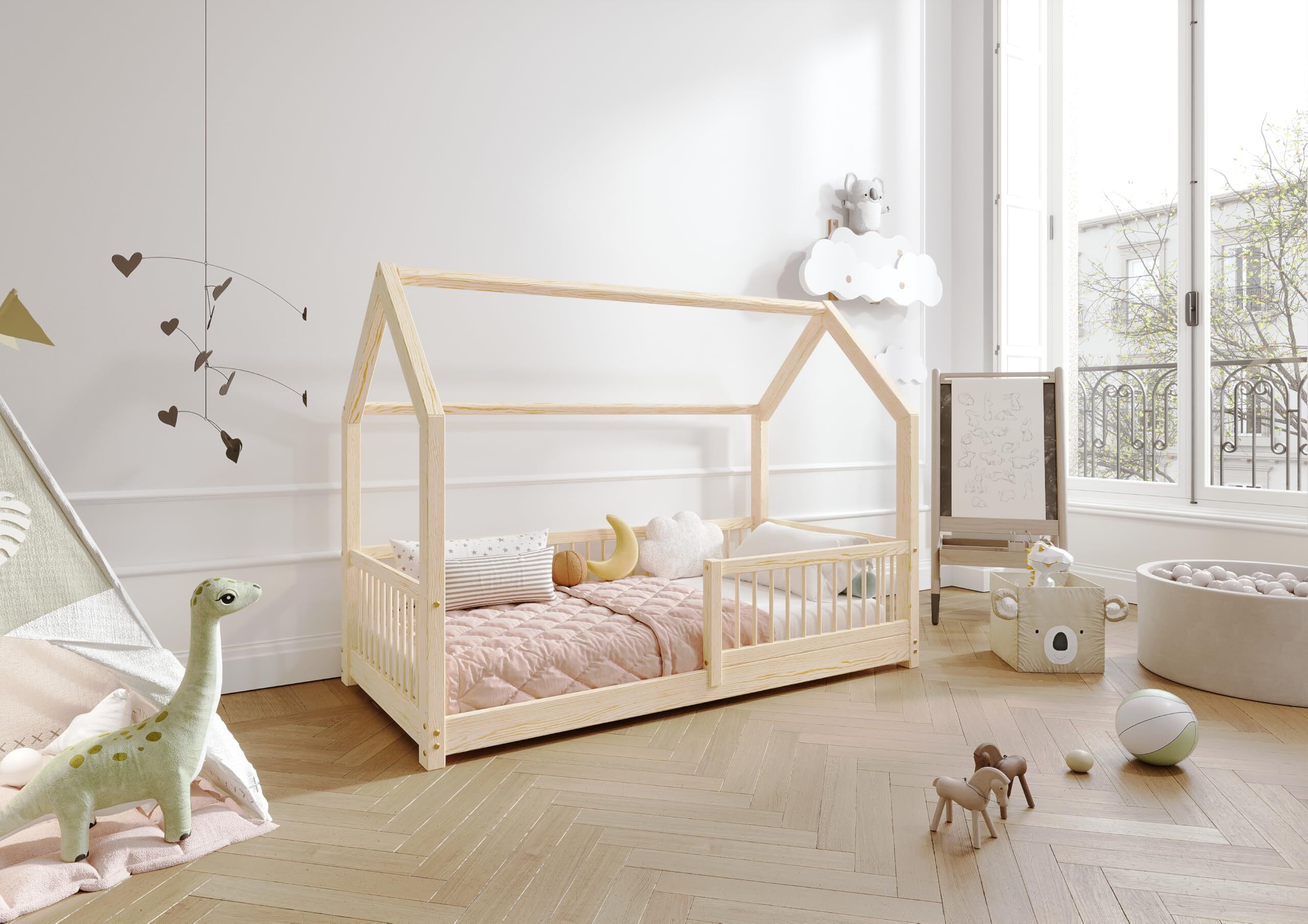 TIMBEE ZOJA Hausbett Kinderbett Holz Kinderzimmer Bett - Unlackiert - 90x180 - 3cm Beine