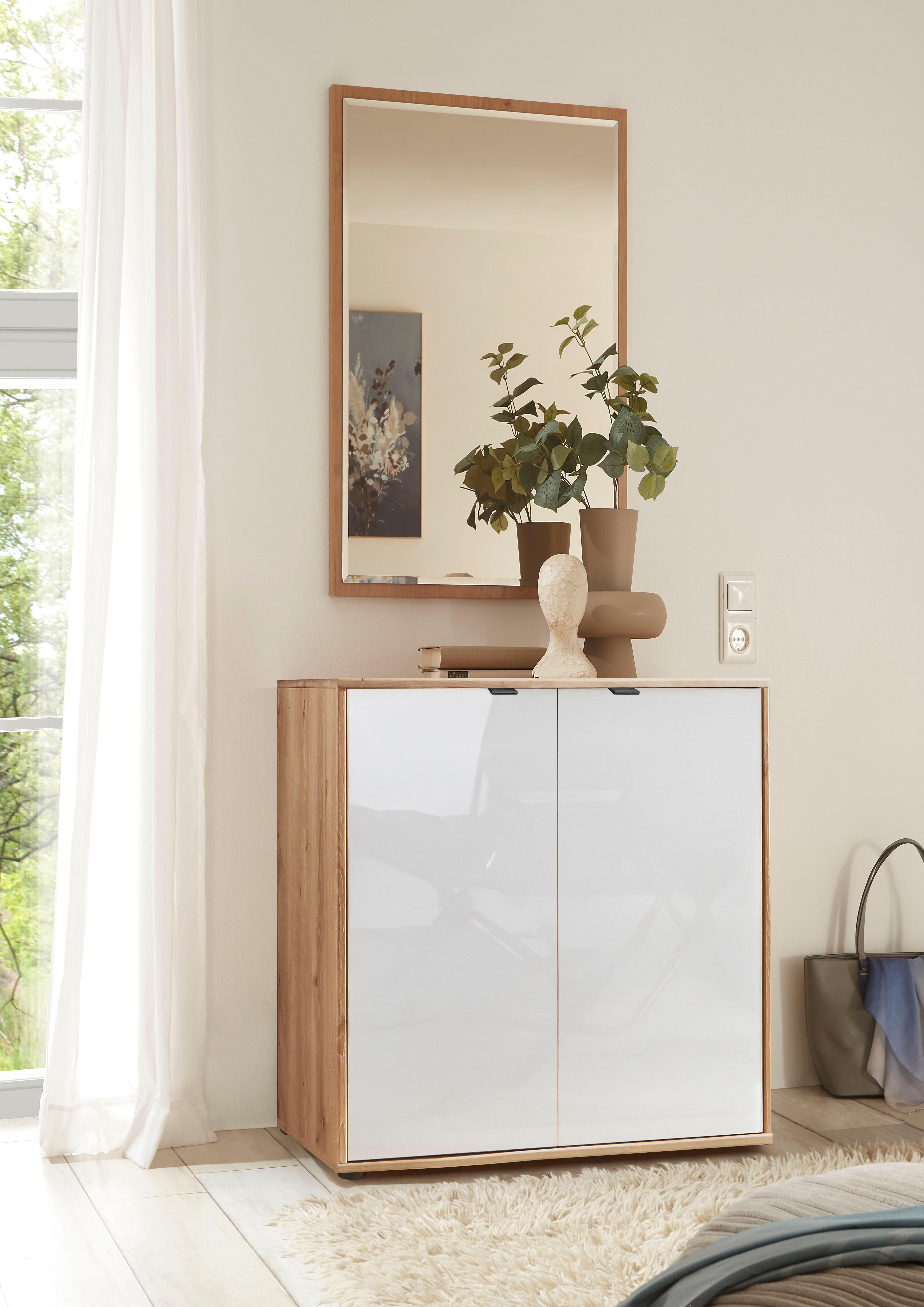 Kommode WIEMANN "Cardiff Sideboard, Wäscheschrank, teilmassiv Bianco-Eiche, 80 cm", weiss (braun), Bianco-Eiche,Front Glas weiss, Eiche, Sideboards, Kommode, verschiedenen Ausführungen, inklusive Einlegeboden braun Bianco-Eiche,Front Glas weiss, Eiche
