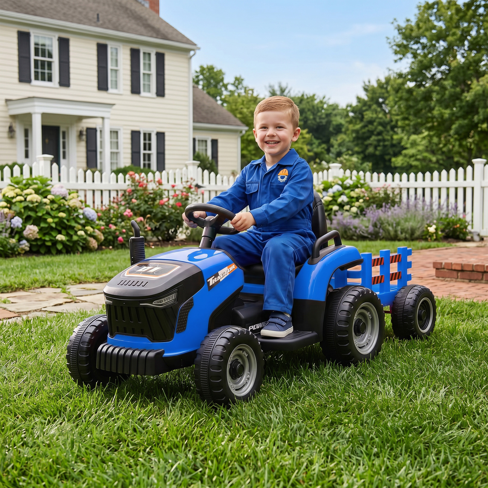 Aiyaplay 2 in 1 Trattore Elettrico per Bambini 3-8 Anni con Rimorchio Staccabile, Telecomando, Musica, Luci, Blu   Aosom Italy