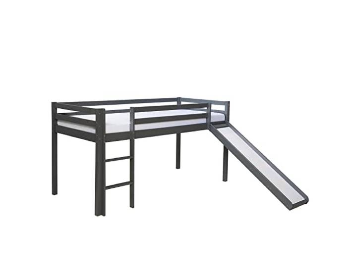 Homestyle4u Kinderbett 90x200 Grau Hochbett mit Rutsche, Matratze & Rost Massives Kiefernholz Bettgestell für Kinderzimmer - Jugendbett mit Leiter & Absturzsicherung - Stabiles Holzbett