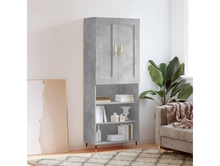 Elegantes Highboard mit Metallfüßen aus langlebigem Holzwerkstoff in Betongrau – Modernes Design Schrank mit viel Stauraum für das Wohnzimmer und Sicherheitshinweis zur Wandmontage