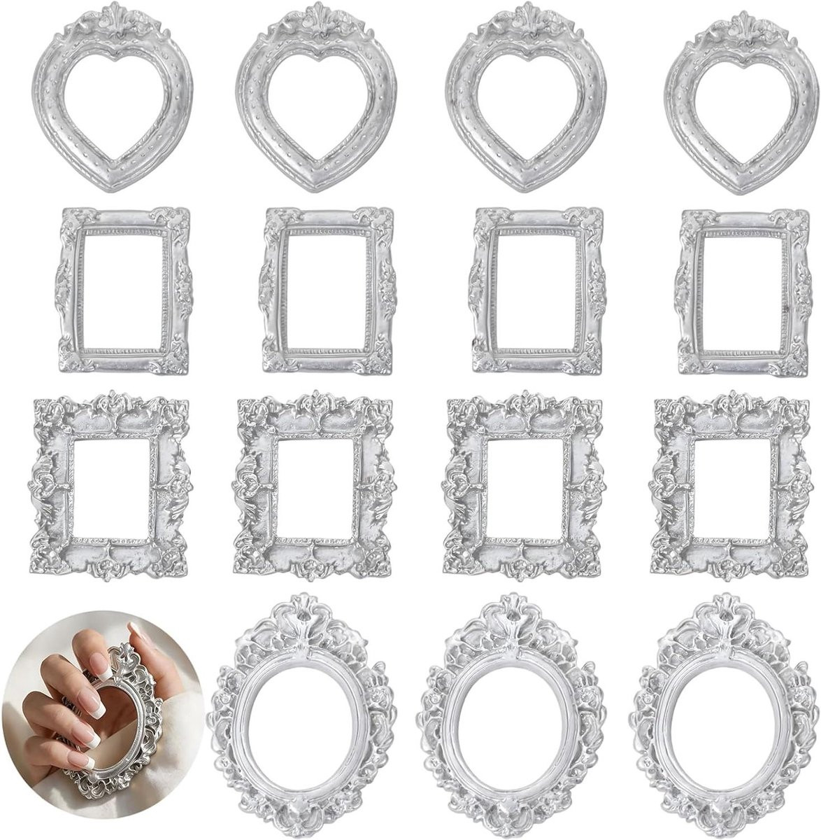 Set van 16 mini fotolijsten in vintage stijl, antiek zilver