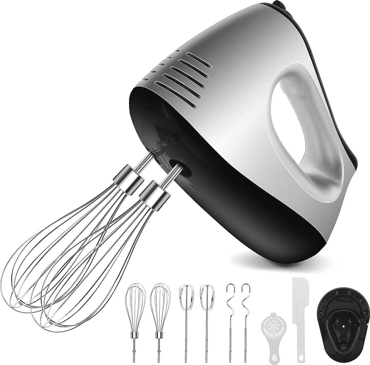 Elektrische handmixer met 5 snelheden en accessoires voor het kloppen en kneden van deeg