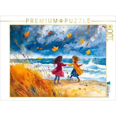 CALVENDO Puzzle Kinder haben Spaß am herbstlichen Strand im Sturm | 1000 Teile Lege-Größe 64x48cm Foto-Puzzle für glückliche Stunden
