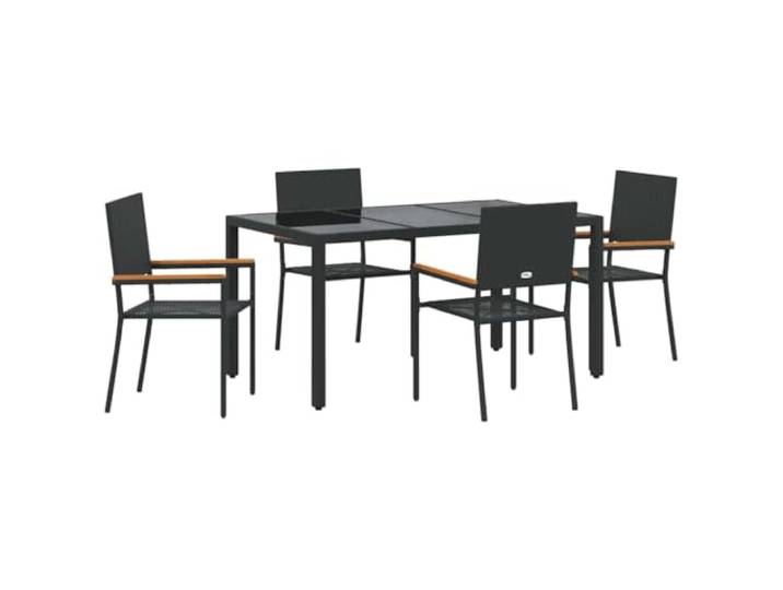 FDSAQOPT Garten Essgruppe 5 STK. Schwarz Poly-Rattan Akazienholz Armlehnen, Sicherheitsglas Tischplatte, Stahlrahmen, Terrasse, Balkon, Garten, wetterfest